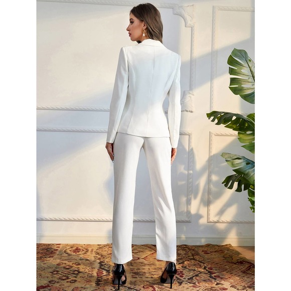 2 piece pantsuit: white Double Breasted Lapel Collar Blazer & Pants ivory - Picture 4 of 5